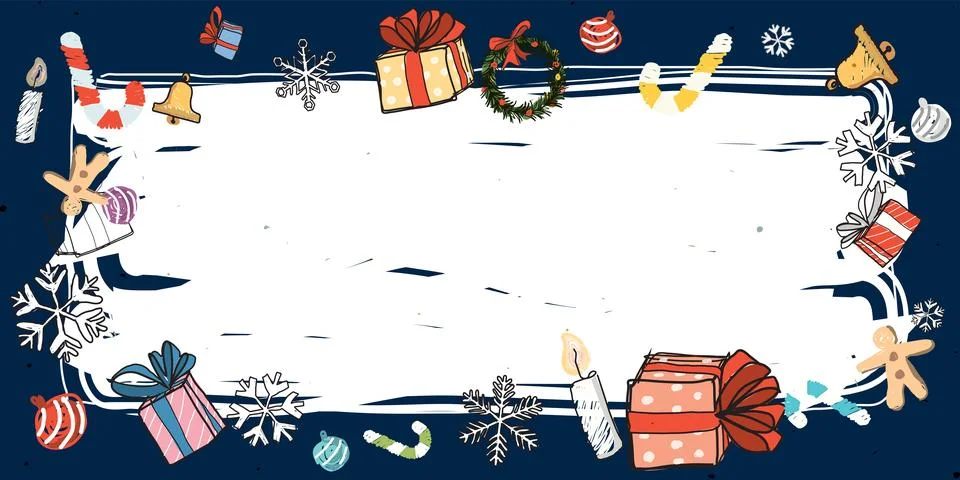 Christmas elements around white blank frame hand drawn childish style on na.. Stock Illustration