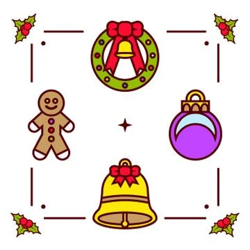 Christmas Elements: Bell, Gingerbread Man, Christmas Decoration and Wreath Stock Illustration