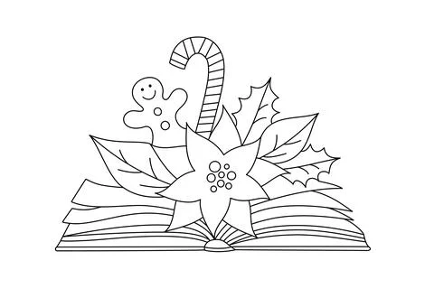 Christmas elements with a book in a linear style. Stock Illustration