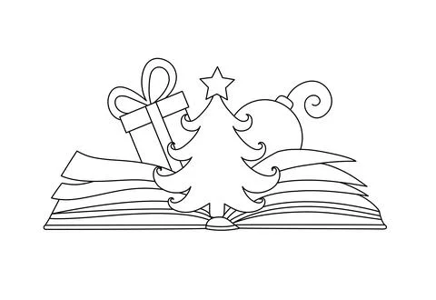 Christmas elements with a book in a linear style. Stock Illustration