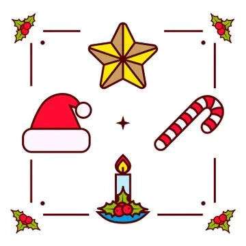 Christmas Elements: Candy Cane, Candle, Star and Hat 스톡 일러스트