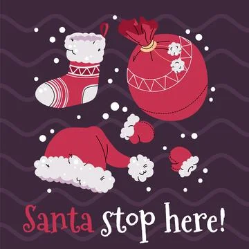 Christmas Elements Card Template. Flat style Santas hat, mitten, present bag and Stock Illustration