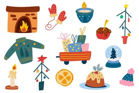 Christmas elements collection. Fireplace, trolley with gifts, Christmas trees Stock Illustration