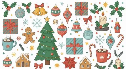 Christmas Elements Collection: Tree, Gifts, Ornaments, Snowflakes, Gingerbr.. Иллюстрация