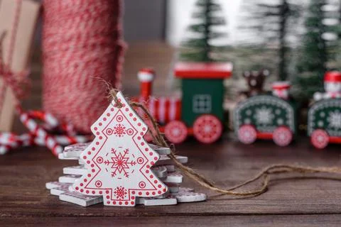 Christmas elements of decorations for decorating the New Year tree 스톡 사진