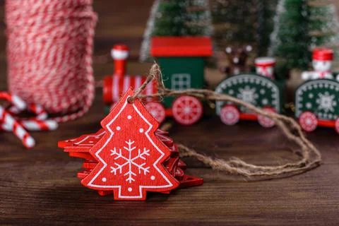 Christmas elements of decorations for decorating the New Year tree 스톡 사진