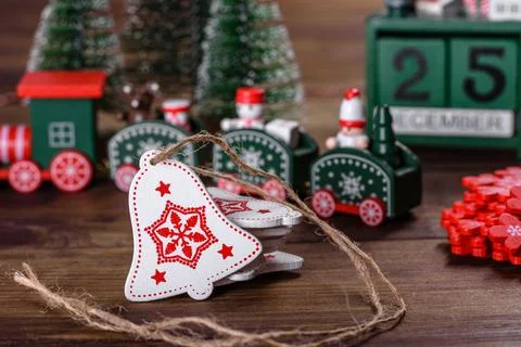 Christmas elements of decorations for decorating the New Year tree 스톡 사진