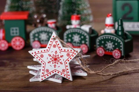 Christmas elements of decorations for decorating the New Year tree 스톡 사진