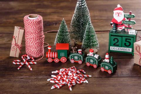Christmas elements of decorations for decorating the New Year tree 스톡 사진