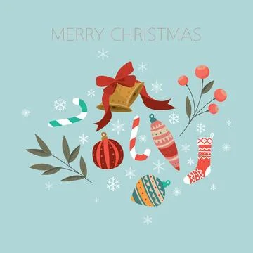 Christmas elements doodle line childish style on blue background graphic il.. Stock Illustration