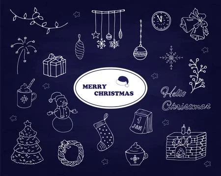 Christmas elements in doodle style. Set of abstract winter icons of Christm.. Illustrazione stock