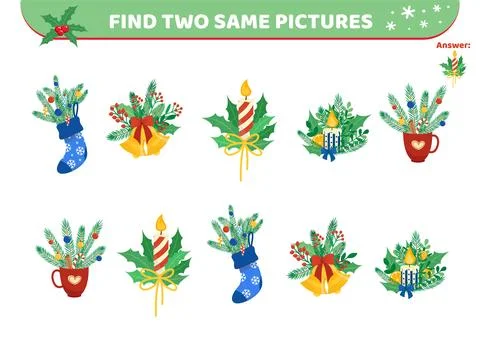 Christmas elements. Find two same pictures. Game for children. Flat, cartoon Stock Illustration