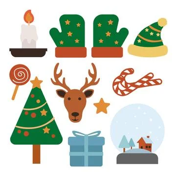 Christmas Elements Flat Design Collection Set with Santa Hat Reindeer and C.. 库存插图