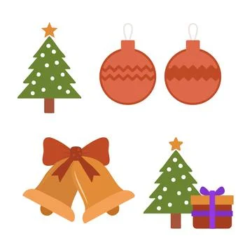 Christmas Elements Flat Illustration Collection. Set of Festive Tree, Bells.. Stock Illustration