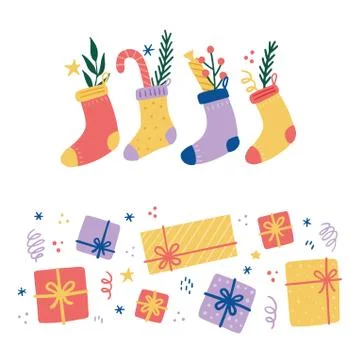 Christmas elements with gift box, package, sock, candy Stock Illustration