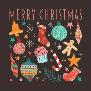 Christmas elements hand drawn childish style on brown background graphic il.. Stock Illustration