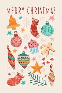 Christmas elements hand drawn childish style on light brown background grap.. Stock Illustration