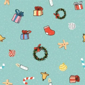 Christmas elements hand drawn childish style seamless pattern on green back.. Stock Illustration