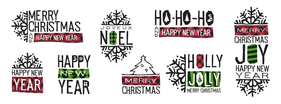 Christmas elements. Holiday labels borders badges and new year stamps wishes  Stock Illustration
