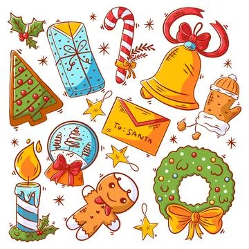 Christmas elements icons collection hand drawn full color Stock Illustration