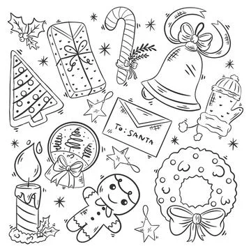Christmas elements icons collection hand drawn coloring Stock Illustration