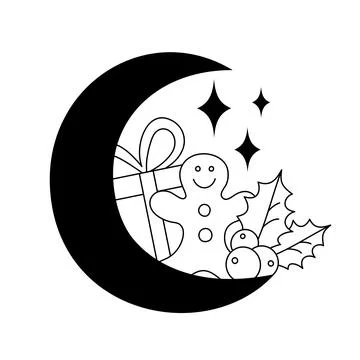 Christmas elements with a moon in a linear style. Illustrazione stock