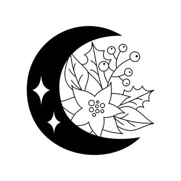 Christmas elements with a moon in a linear style. 库存插图