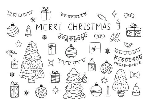 Christmas elements pine tree, garland, gift, ribbon, star set, doodle line st Illustrazione stock