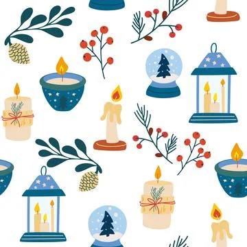Christmas elements seamless pattern. Candles crystal ball twigs cones and ber Illustrazione stock