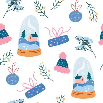 Christmas elements seamless pattern. Glass Ball, Houses, Christmas Trees, Bea Illustrazione stock