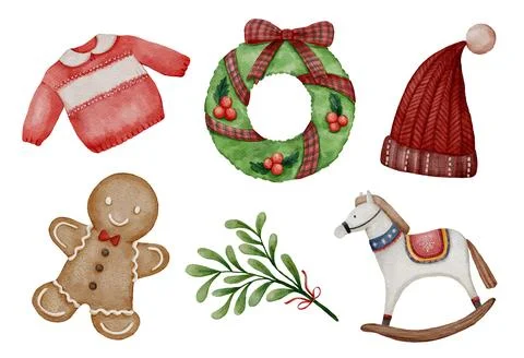 Christmas elements set 1 of 4 . Watercolor paint design . White isolate bac.. Stockillustratie