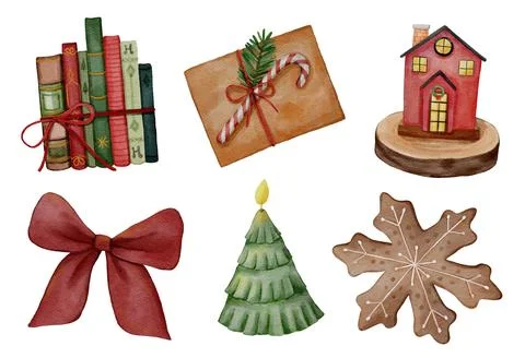 Christmas elements set 2 of 4 . Watercolor paint design . White isolate bac.. 스톡 일러스트
