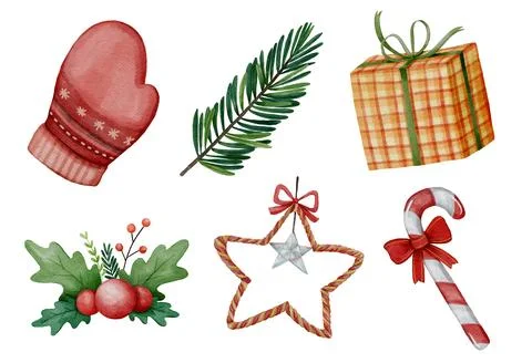 Christmas elements set 3 of 4 . Watercolor paint design . White isolate bac.. 스톡 일러스트