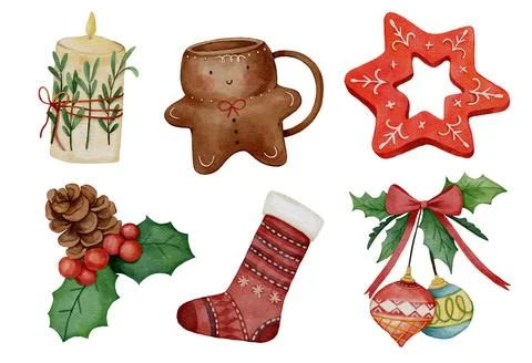 Christmas elements set 4 of 4 . Watercolor paint design . White isolate bac.. Stock Illustration