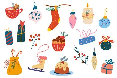 Christmas elements set. Christmas tree, toys, gifts, sweets, garlands and fir Stock Illustration