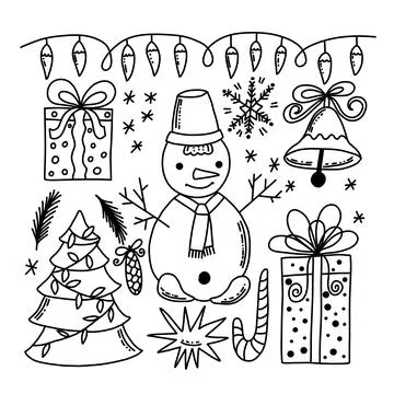 Christmas elements set in doodle style isolated vector illustration. Winter r Stock Illustration