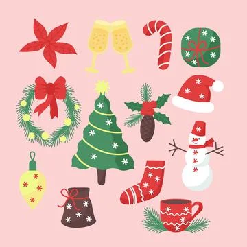 Christmas elements set in flat style isolated vector illustration. Winter rom Stock Illustration