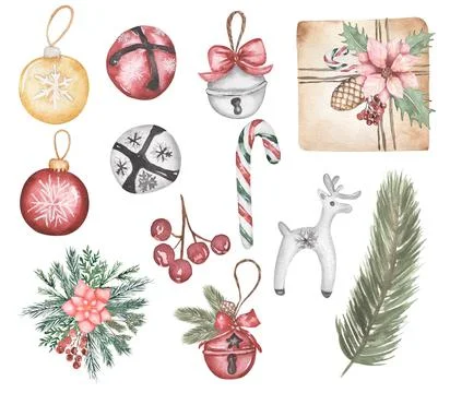 Christmas elements set, Gift Box illustration, christmas ball toys Clipart Illustrazione stock