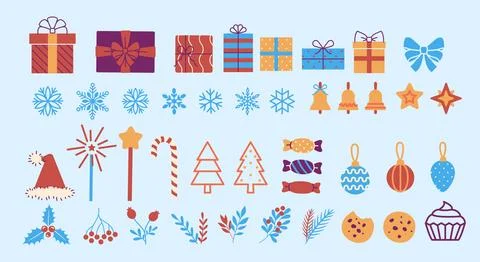 Christmas elements set. Gift boxes, snowflakes, bells, santa claus hats, cookies 库存插图