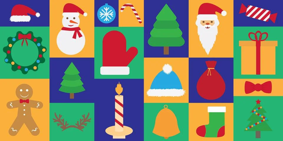 Christmas elements, set, greeting card with colorful icons. Vector illustrati Stock Illustration