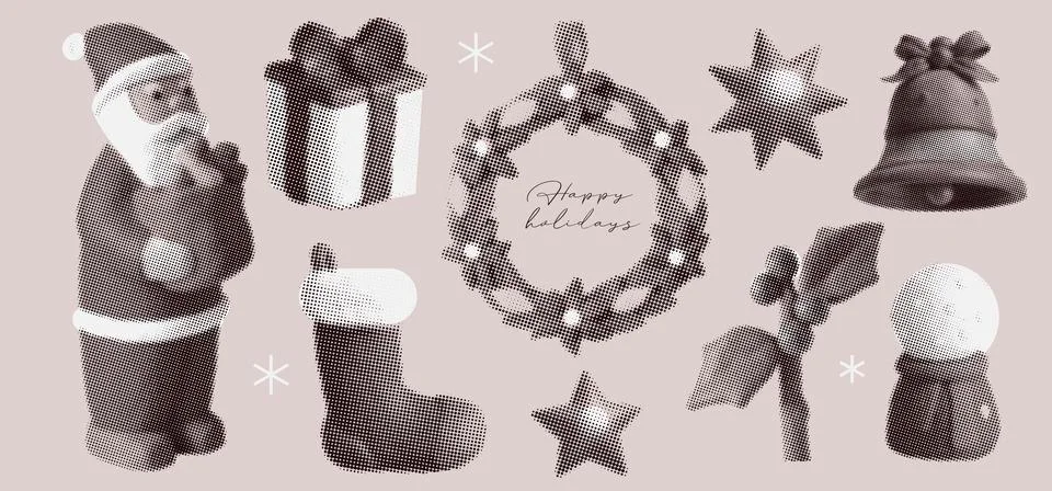 Christmas elements set in naive halftone collage photocopy effect. Santa Claus イラスト素材