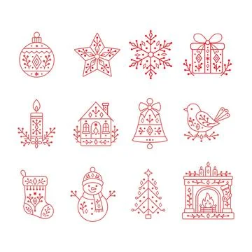 Christmas Elements Set in Scandinavian Folk Linear Style Ilustración de archivo