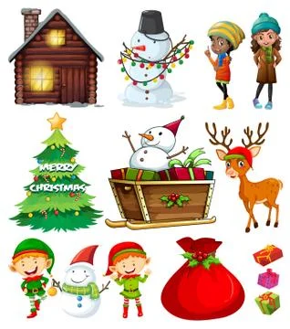 Christmas elements with tree and many characters Illustrazione stock