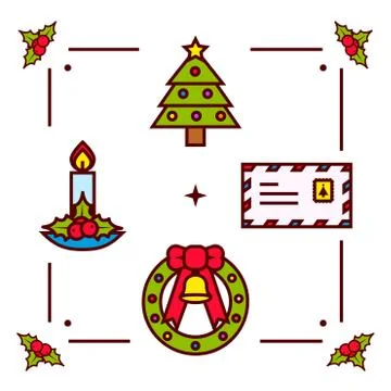 Christmas Elements: Tree, Candle, Letter and Wreath 스톡 일러스트
