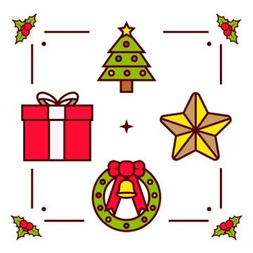 Christmas Elements: Tree, Gift, Star and Wreath Illustrazione stock