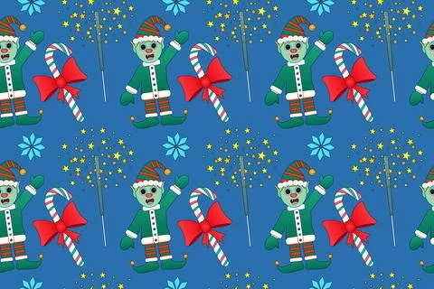 Christmas Elf and Candy Cane Seamless Pattern Stock Illustration