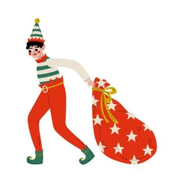 Christmas Elf Character Pulling Bag Full of Gifts, Cute Boy Santa Claus Helper 스톡 일러스트