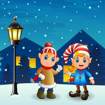 Christmas elf couple with snowfall falling at night Stock Illustration