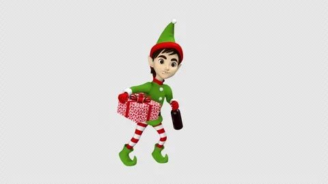 Christmas elf dancing with gift box - 3d render looped with alpha channel. Stock Footage 256976630