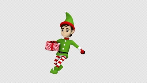Christmas elf dancing with gift box - 3d render looped with alpha channel. Video stock 256978024